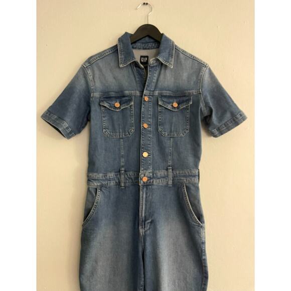 Gap 2 Denim Jumpsuit Short Sleeve Womens Painter Carpenter Style Jeans - Picture 9 of 11